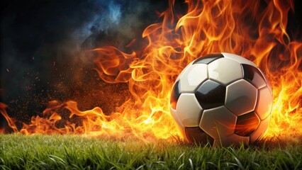 Naklejka premium Fiery Passion A Soccer Ball Blazing on a Green Field, Embers and Smoke Surround the Scene