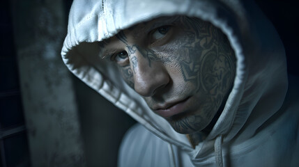 Young male criminal wearing hoodie and face tattoo hiding in the shadows