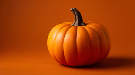 Ripe pumpkin sitting on orange background representing autumn harvest