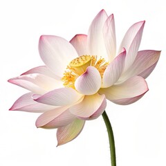 Fototapeta premium A single lotus flower with pink tipped petals and a yellow center on a white background close up view