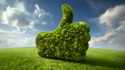 Fototapeta premium Green thumb up symbol growing in a field symbolizing eco friendliness