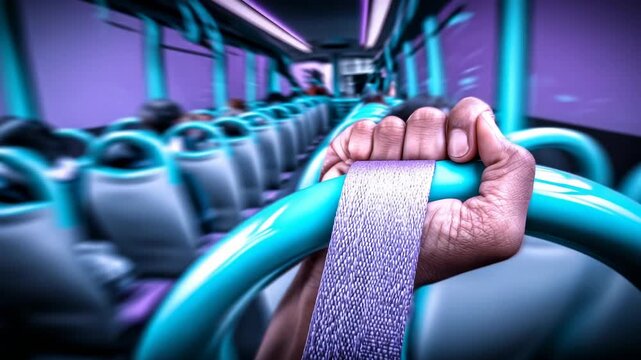 Hand gripping a bus safety bar