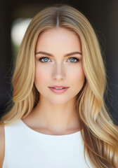 Woman with blonde hair and blue eyes. She has a very pretty and attractive face