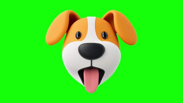3D icon of happy dog face isolated on green background, chroma key, keyable