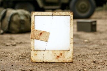 Vintage polaroid photo frame on dusty ground with military background and abandoned equipment. Polaroid evokes memories of distant past, reflecting history and wartime experiences.