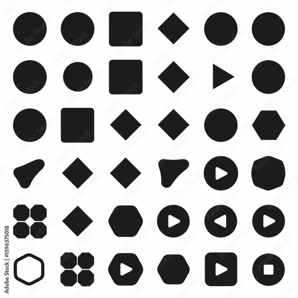 Poster vector icon sheet of geometric shapes with media control icons in black and white – ideal for video 
