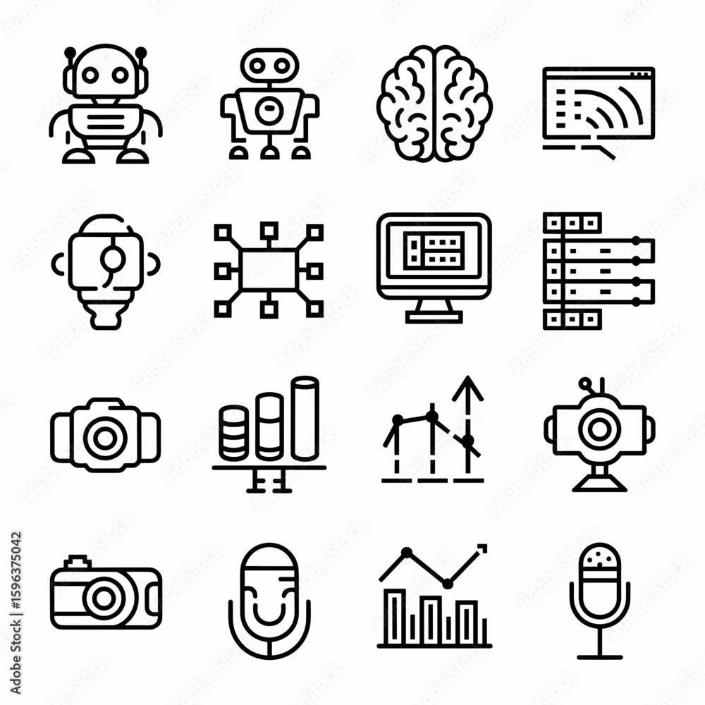 Poster black and white ai and technology icon sheet including data and microphone – suitable for tech confe