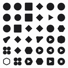 vector icon sheet of geometric shapes with media control icons in black and white &ndash; ideal for video production, media apps, or user interface design