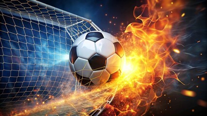 Fiery Soccer Ball Exploding Through the Net A Dramatic Sports Image Depicting Intense Competition and Triumph