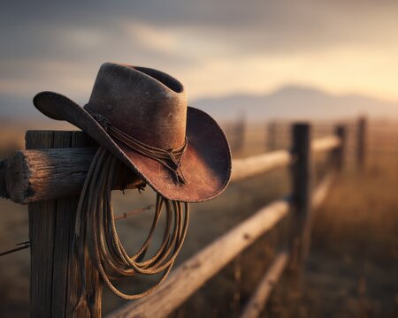 Cowboy hat hanging on a wooden fence post at sunrise