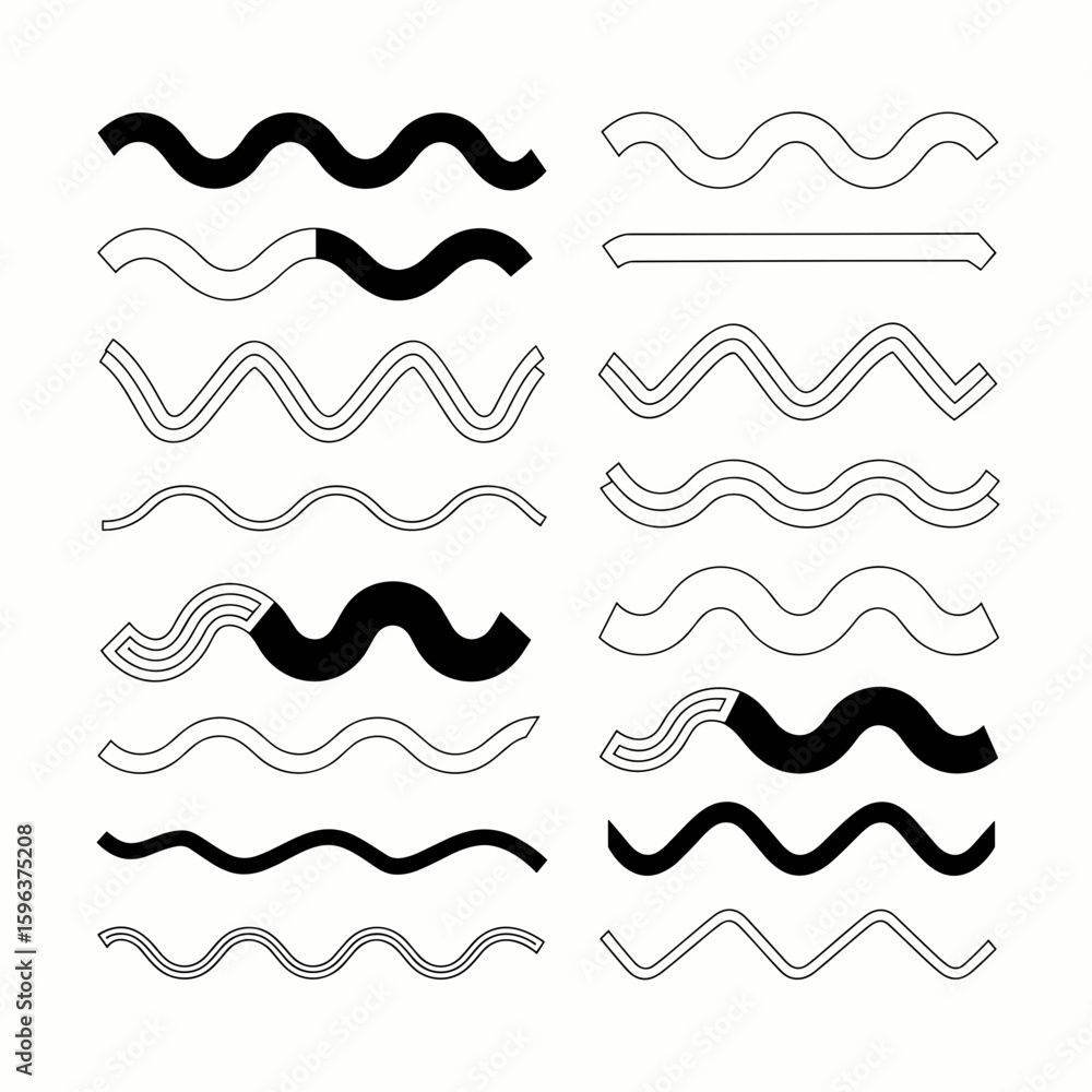 Poster black and white vector illustration of icon sheet with straight curved and zigzagging lines – suitab