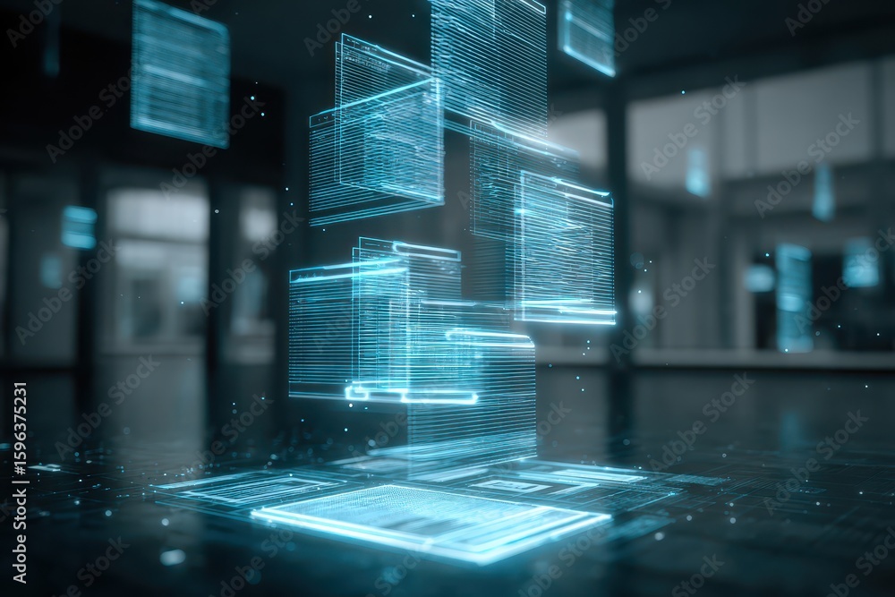 Poster holographic interface displayed in a modern office; a concept presentation use case