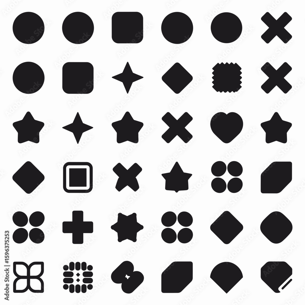 Poster black and white vector icon sheet with simple geometric shapes – great for graphic design and web pr