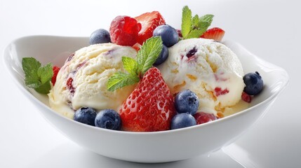Creamy Vanilla Ice Cream with Fresh Berries in a White Bowl
