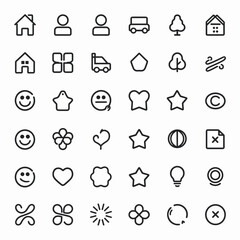 black and white vector icon sheet with line drawings of faces house person car tree and symbols – great for social media and user interface design