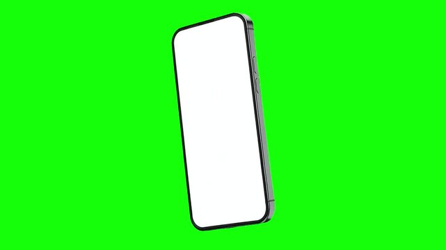 Flying falling smartphone with blank screen isolated on green background, chroma key, keyable