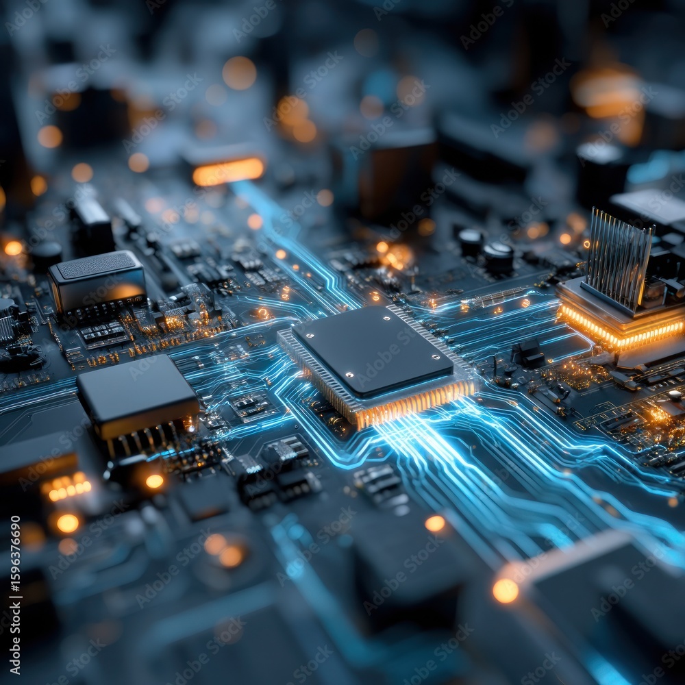 Poster close up of a circuit board with glowing components