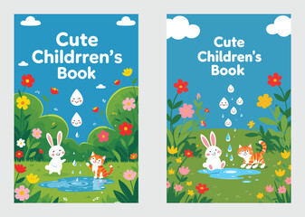 Fototapeta premium Cute Animals Playing In Garden With Flowers And Water Book Cover
