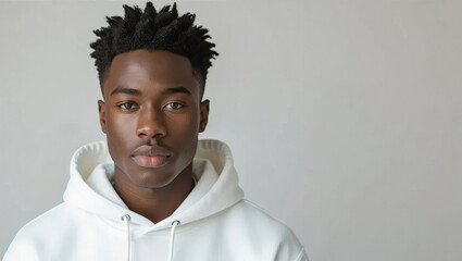 Obraz premium Young African American man wearing a white hoodie looks directly at the camera in a studio shot