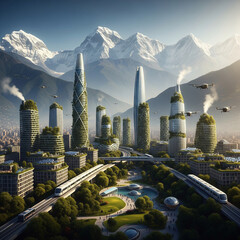 Futuristic Nepal Green Cityscape with Sustainable Buildings and Mountains 