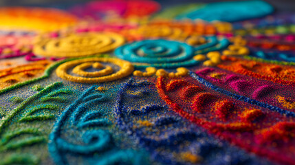 Close-up of a vibrant, multicolored sand mandala with intricate patterns.