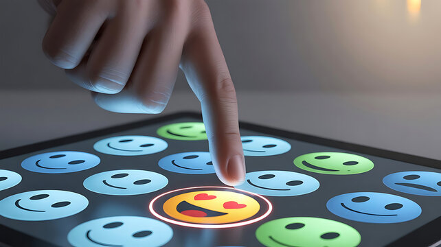 Human finger selecting happy face emoji on tablet screen