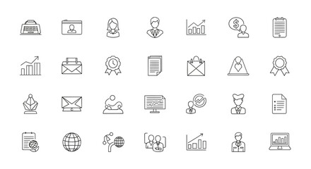 A collection of outline icons representing business, communication, and finance concepts arranged in rows.