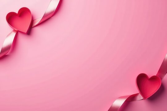 Naklejki Pink background, silver ribbon heart border Minimal Valentine's design , valentines day, art