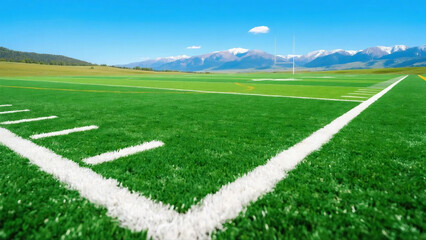 Obraz premium Green Football Field with White Yard Lines Under Blue Sky and Mountains