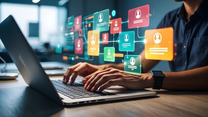 Businessman messaging team with using laptop computer. Collaboration platform. Employee communication and knowledge sharing on discussion forums in internal social network.