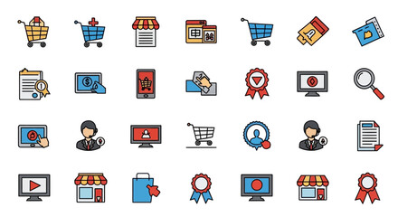 A collection of flat design icons representing online shopping, e-commerce, customer service, and related business concepts on a white background.