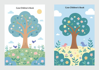 Cute Birds And Flowers On Tree In Garden Book Cover Design