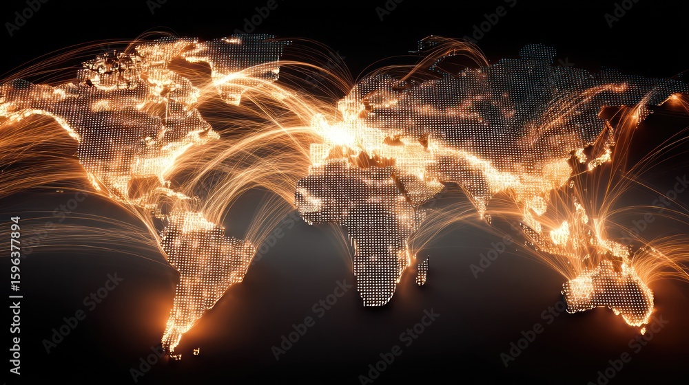 Poster global world map with glowing network connections