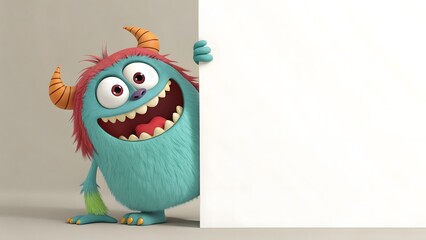 Cheerful cartoon monster with colorful fur holding blank signboard