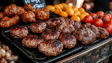 Display of grilled meat and fresh vegetables on a stall