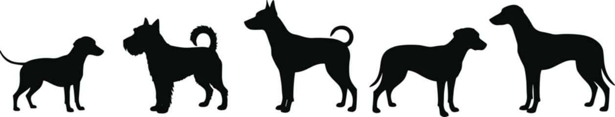 Collection of Various Dog Breed Silhouettes Showcasing Different Sizes and Shapes, Perfect for Pet, Animal, and Companion Concepts.