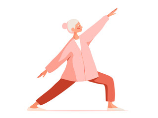 Fototapeta premium Elderly woman practicing yoga in active pose with pastel colors 