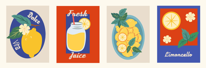 Lemon, limoncello and lemon slices in mediterranean frames set. Vector elegant colorful doodle illustration of lemons, label for poster, invitation, placard. Italian style vacation vector illustration