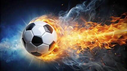 Naklejka premium Fiery Soccer Ball in Motion A Dynamic Image of a Burning Football Traversing a Trail of Smoke and Embers