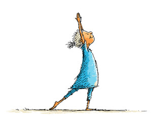 Old woman practicing yoga in blue outfit with raised arm  