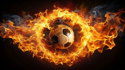 Fototapeta premium Fiery Soccer Ball Encircled by Blazing Inferno, a Dramatic Image Representing Intense Competition and Passion