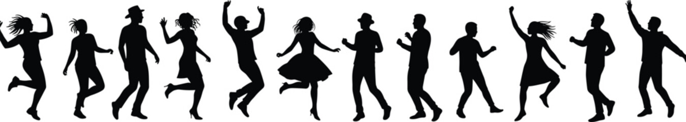 Diverse Group of Joyful People Silhouettes Jumping and Dancing in Celebration, Capturing Energy, Freedom, and Happiness.