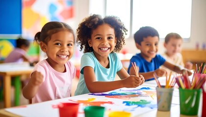 Smiling diverse children engaged in art class activity