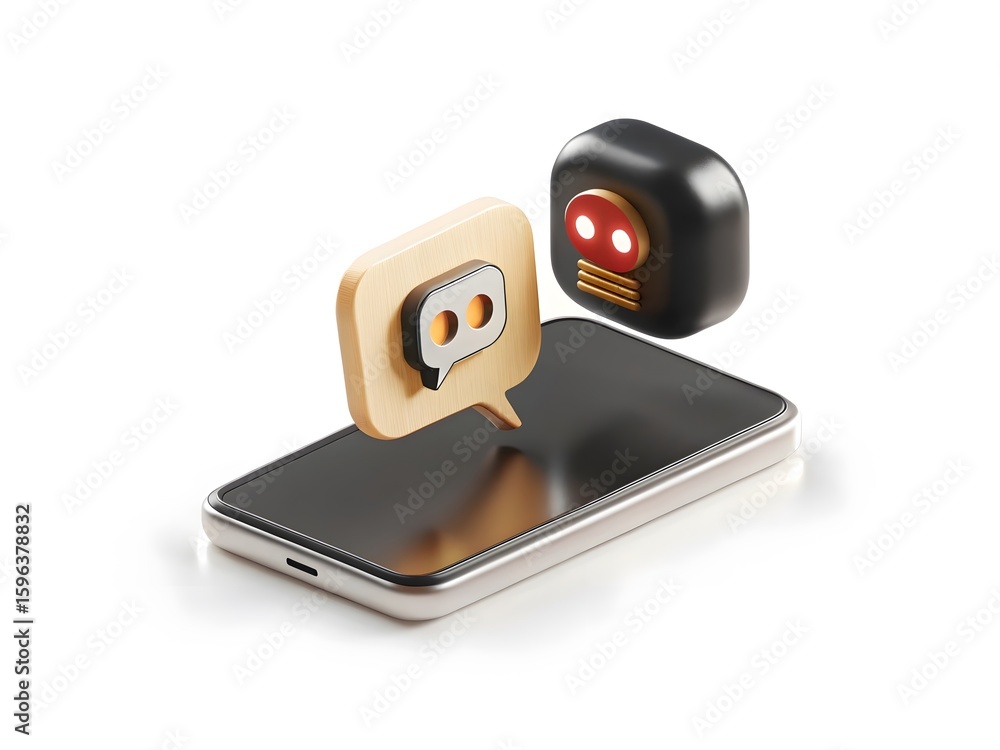 Poster chatbot and messaging icon on smartphone screen reflection