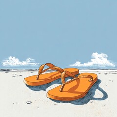 Obraz premium Vibrant Orange Flip Flops on a Sandy Beach with a Bright Blue Sky and Clouds in the Background