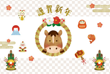 水彩風　2026年 午年 年賀状イラスト｜かわいい馬としめ縄・縁起物の正月デザイン
