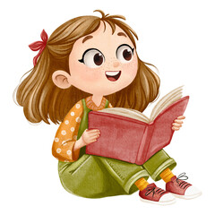 Little girl reading book while sitting on the floor, drawn in soft watercolor illustration style, cozy and warm image perfect for children’s stories, educational themes, and autumn mood projects.