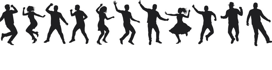 Diverse Group of Joyful People Silhouettes Jumping and Dancing in Celebration, Capturing Energy, Freedom, and Happiness.