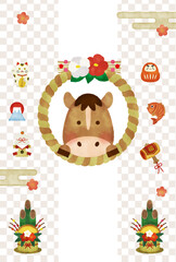 水彩風　2026年 午年 年賀状イラスト｜かわいい馬としめ縄・縁起物の正月デザイン