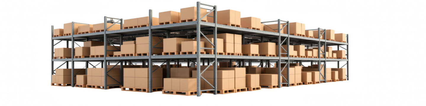 Large storage shelves filled with cardboard boxes in warehouse setting, showcasing organized inventory and efficient space utilization